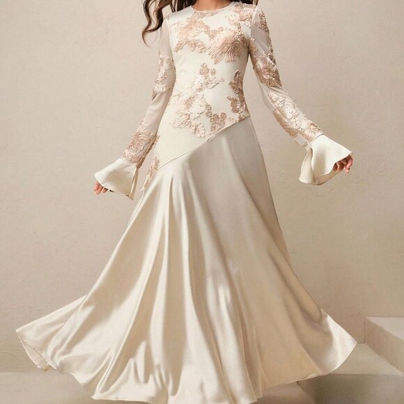 Champagne Elegant Women's Fitted Round Neck Long Sleeve Long maxi Dress - Picture 1 of 7